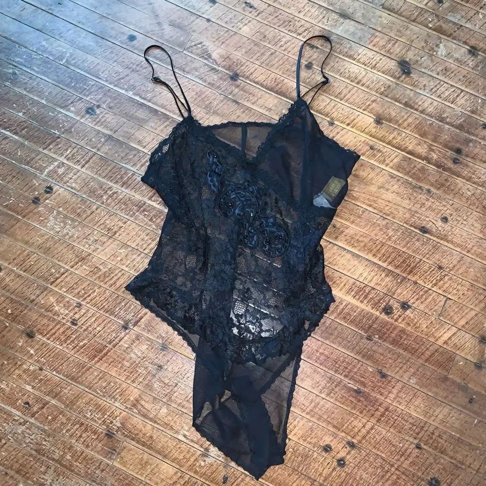 Victoria’s Secret vintage gold label black semi sheer lace M bodysuit
